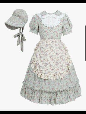Girls Vintage Floral Prairie Costume Dress with Bonnet - Sage GreenXL